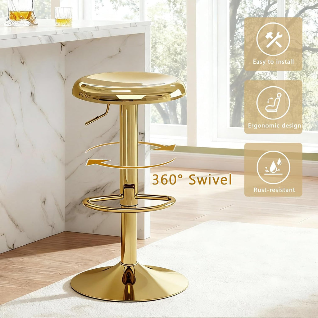 CAROLMADE Bar Stools Set of 2, Adjustable Metal Bar stools Swivel Counter Height Stool, Backless Barstools for Kitchen Island Pub, Gold