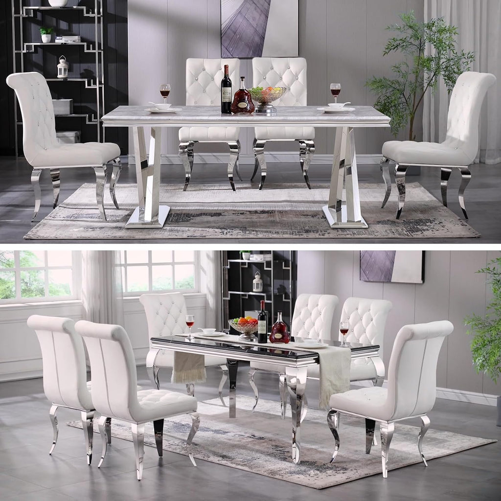 White Velvet Dining Chairs with Silver Mirrored Legs, Set of 6