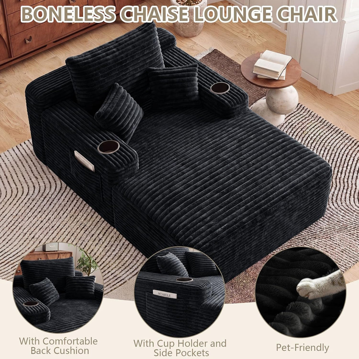 65" Chaise Lounge Chair Indoor with Cup Holders & Side Pocket, Oversized Boneless Lounger Chairs Indoor with 3 Soft Pillows, Deep Seat Reading Lounge Couch for Living Room, Apartment, Black