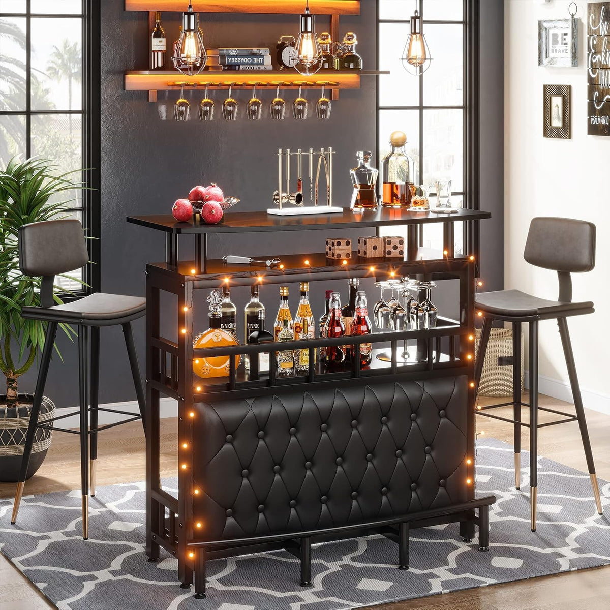 Tribesigns Home Bar Unit for Liquor, 44-Inch Bar Height Table with Storage, Black Mini Entertainment Carts Pub Table with Upholstered&Metal Front Footrest for Kitchen, Balcony, Basement