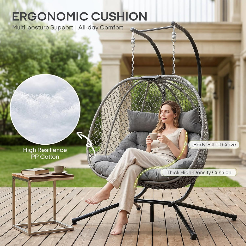 Double Egg Chair with Stand for 2 Persons, Oversized Patio Hanging Basket Chair, Honeycomb Wicker Swing Chair with Thick Cushions & Headrests, 800LBS Heavy Duty Indoor Outdoor, Light Grey
