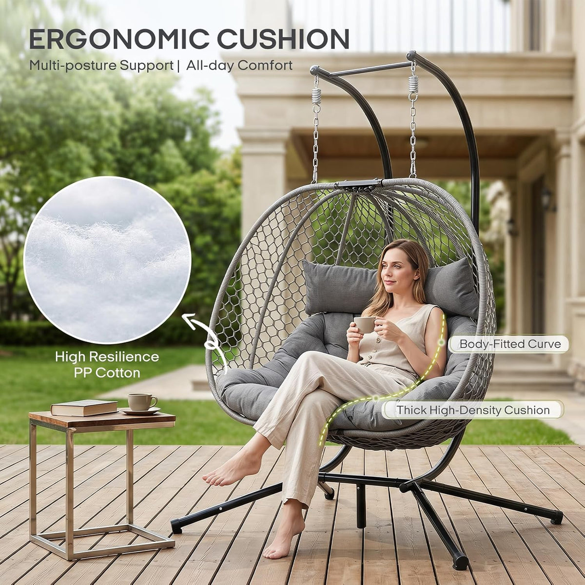 Double Egg Chair with Stand for 2 Persons, Oversized Patio Hanging Basket Chair, Honeycomb Wicker Swing Chair with Thick Cushions & Headrests, 800LBS Heavy Duty Indoor Outdoor, Light Grey