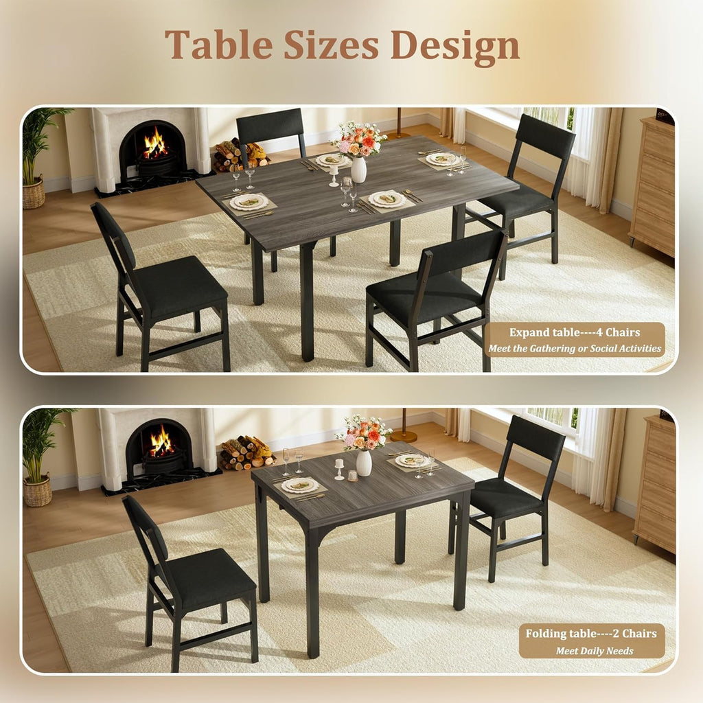 HUAHUU 5-Piece Dining Table Set for 4, Extendable Kitchen Table Set with 4 Upholstered Cushion Chairs, Rectangle Table with Metal Frame & MDF Board, Folding Space-Saving for Small Apartment, Gray