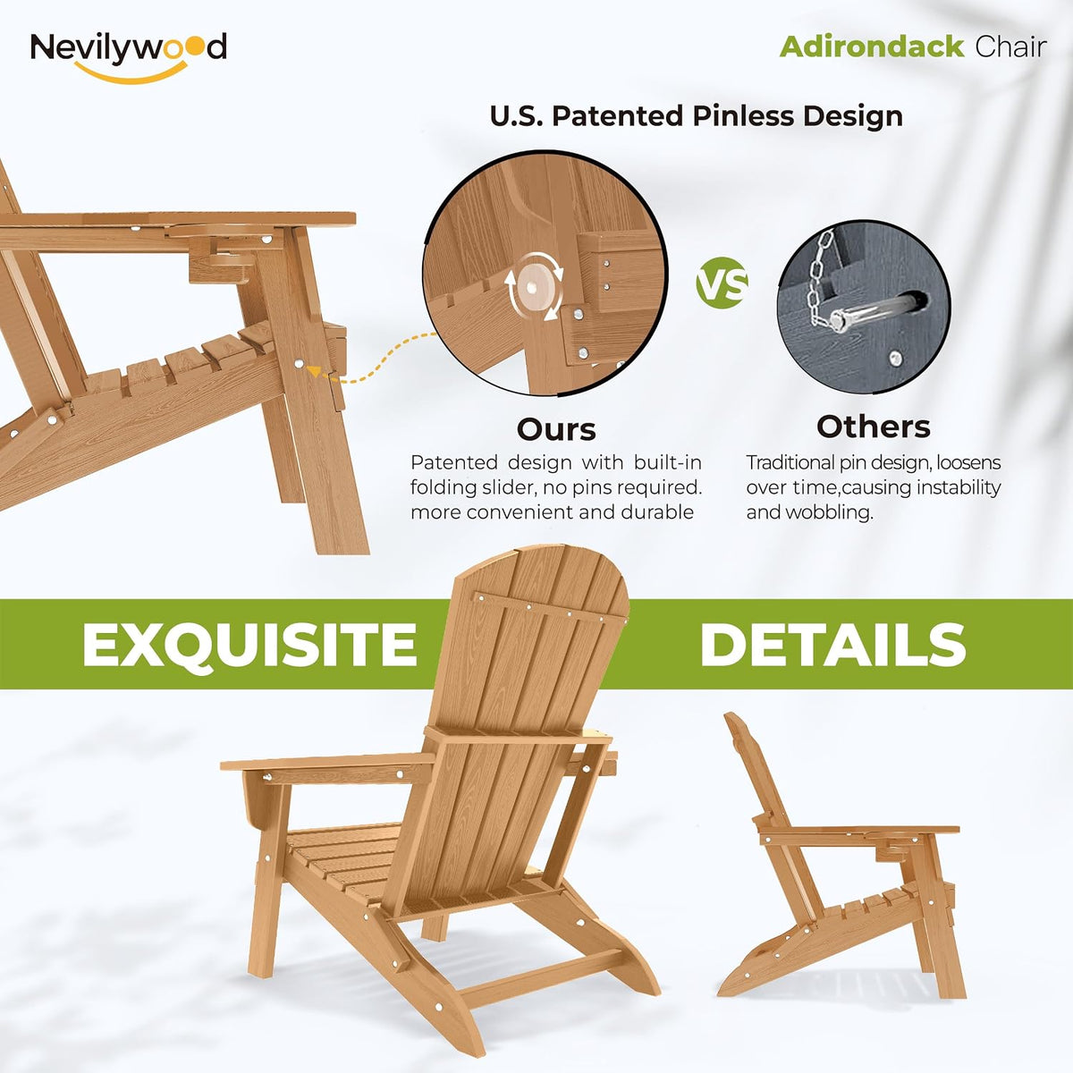 nevilywood Folding Adirondack Chairs Set of 4, HDPE Cup Holders, Teak