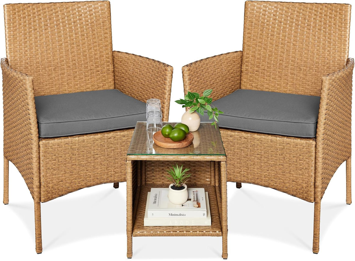 Best Choice Products 3-Piece Outdoor Wicker Conversation Bistro Set, Space Saving Patio Furniture for Garden w/Side Table - Natural/Gray