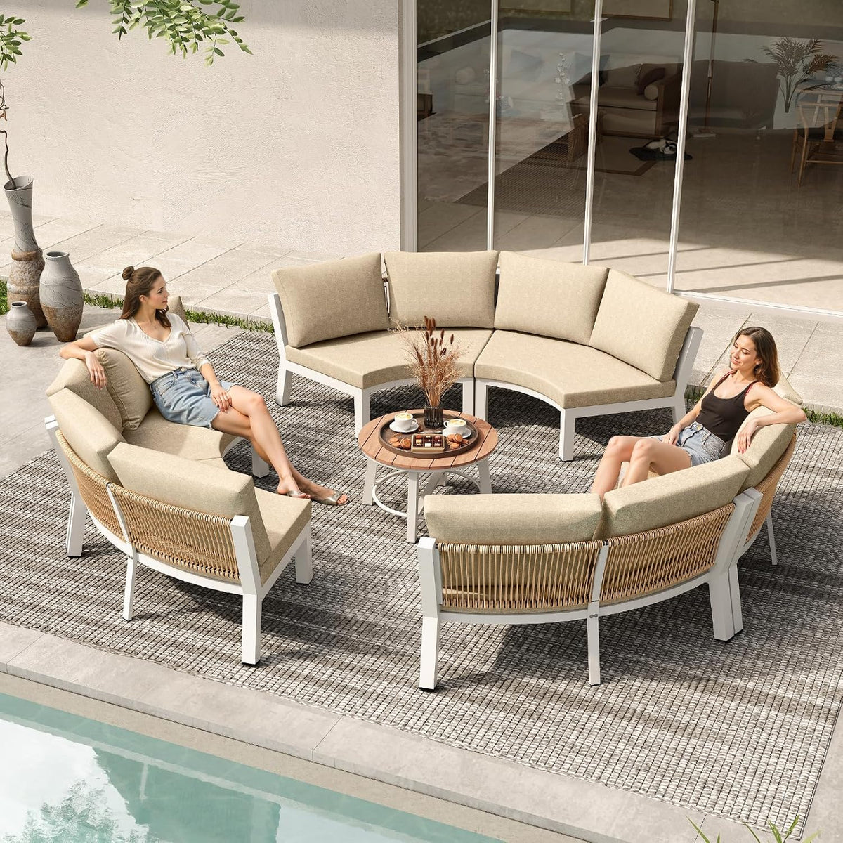 Luxury Patio Furniture Set for 5 People, 4-Piece Curved Patio Conversation Sets with Woven Rope & Modular Coffee Table, Half Moon Outdoor Furnitrue Set for Deck, Garden, White