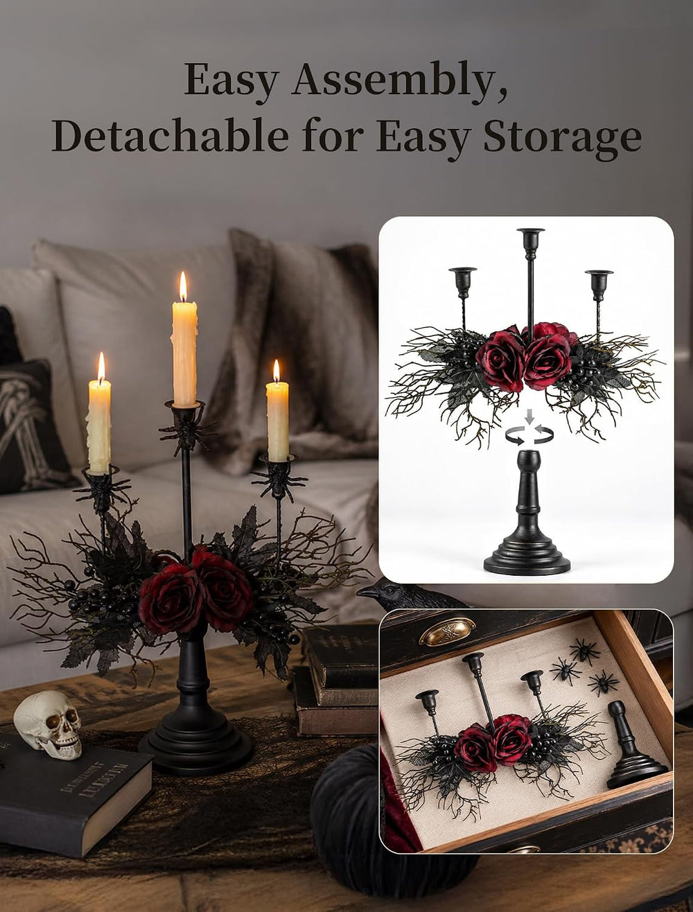 Romadedi Black Halloween Candelabra, Gothic Candlestick Holder, 15.7 in
