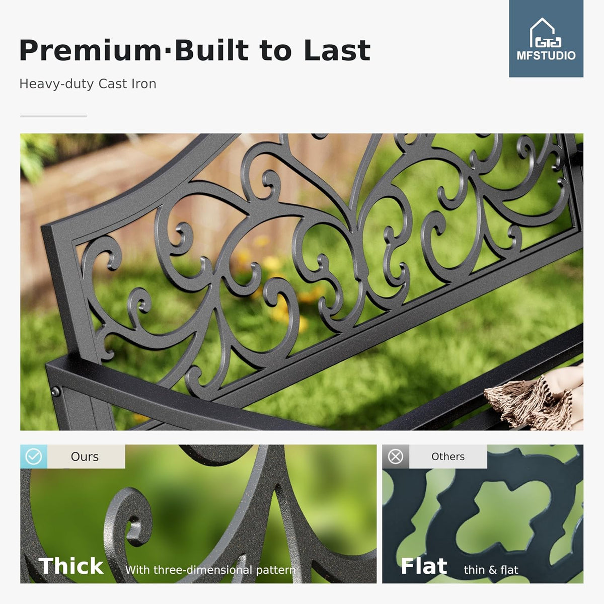 MFSTUDIO 43.7 Inches Cast Iron Outdoor Garden Bench, Floral Backrest, Black