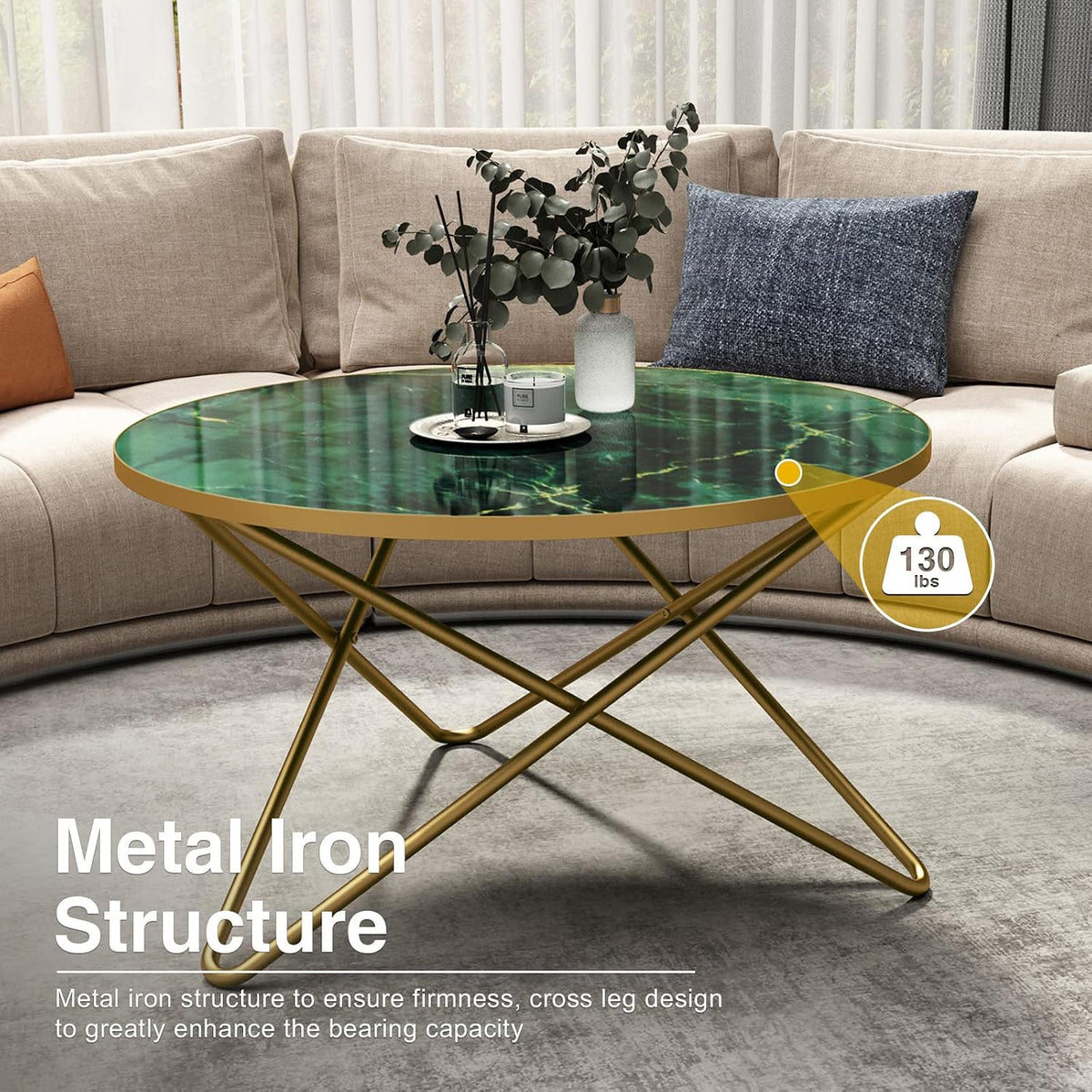 HLR Round Coffee Table with Green Faux Marble Top