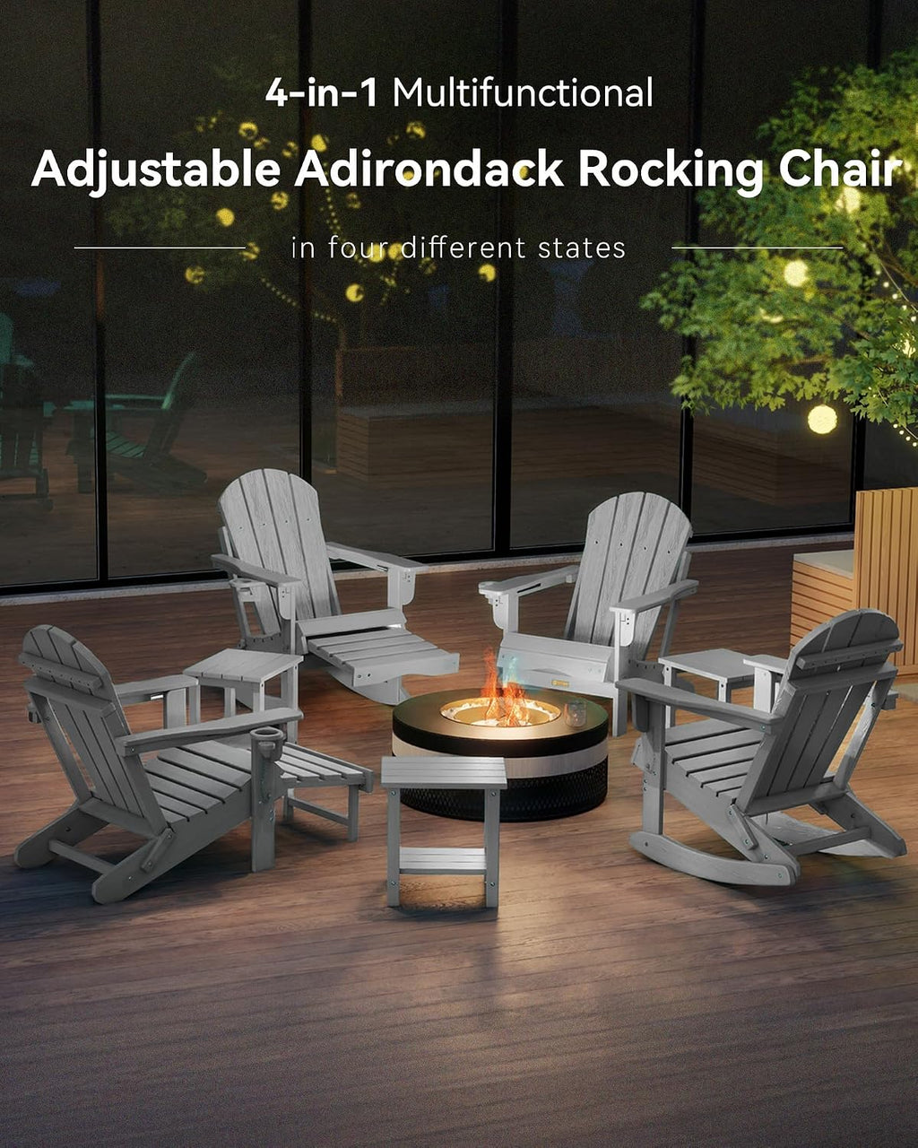 adjustable adirondack rocking chair 4-in-1 retractable ottoman,grey on a desk or shelf