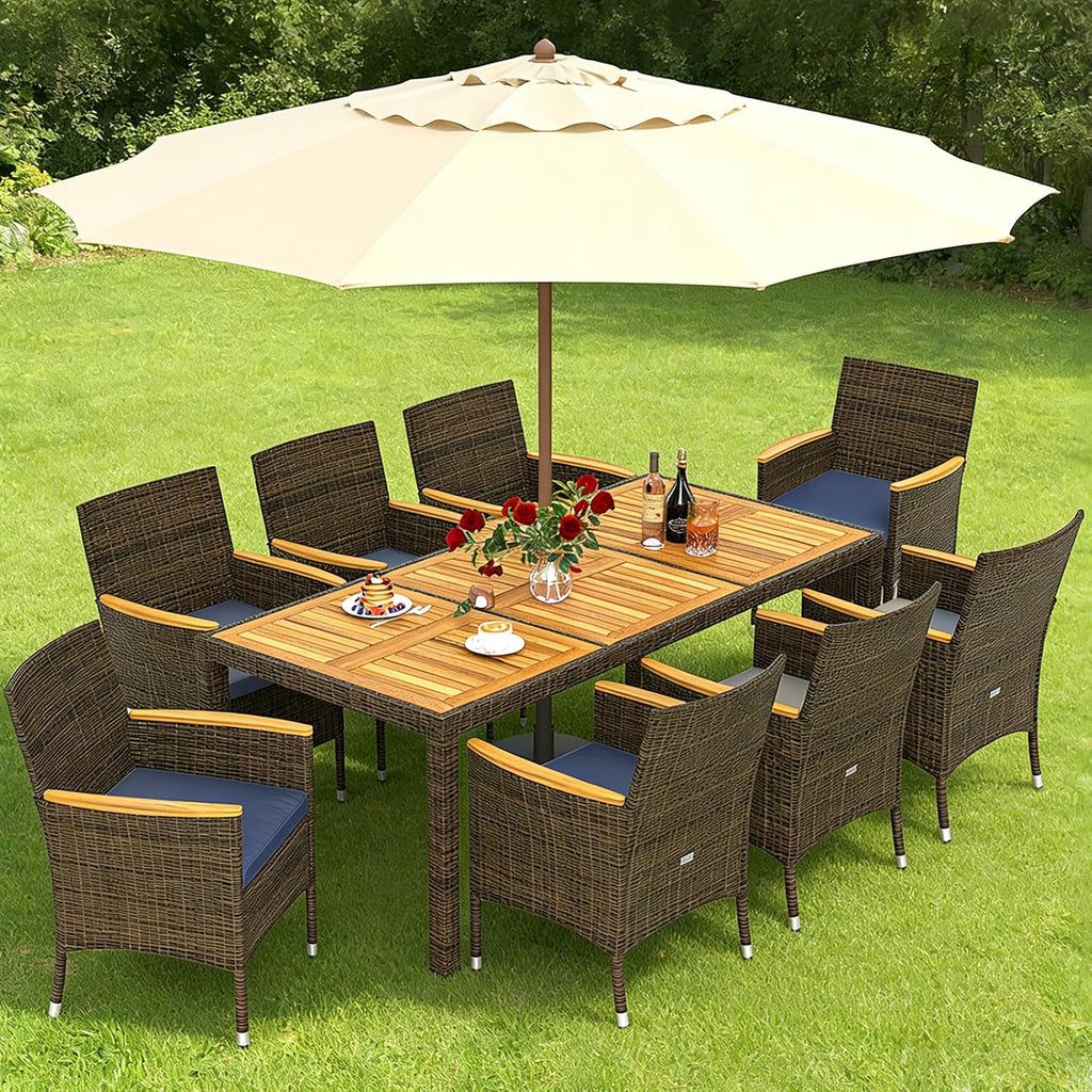 COSTWAY 9-Piece Patio Rattan Wicker Dining Set for 8 with Umbrella Hole