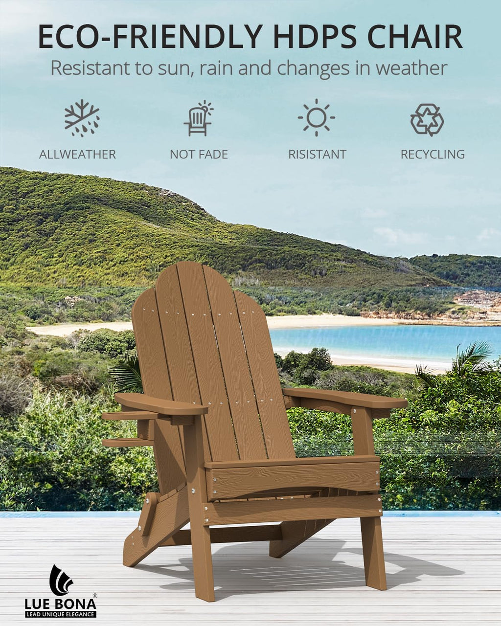 LUE BONA HDPE Folding Adirondack Chair, Cup Holder, Set of 2, Brown