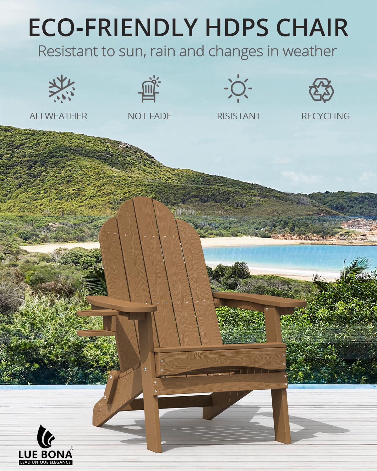 LUE BONA HDPE Folding Adirondack Chair, Cup Holder, Set of 2, Brown