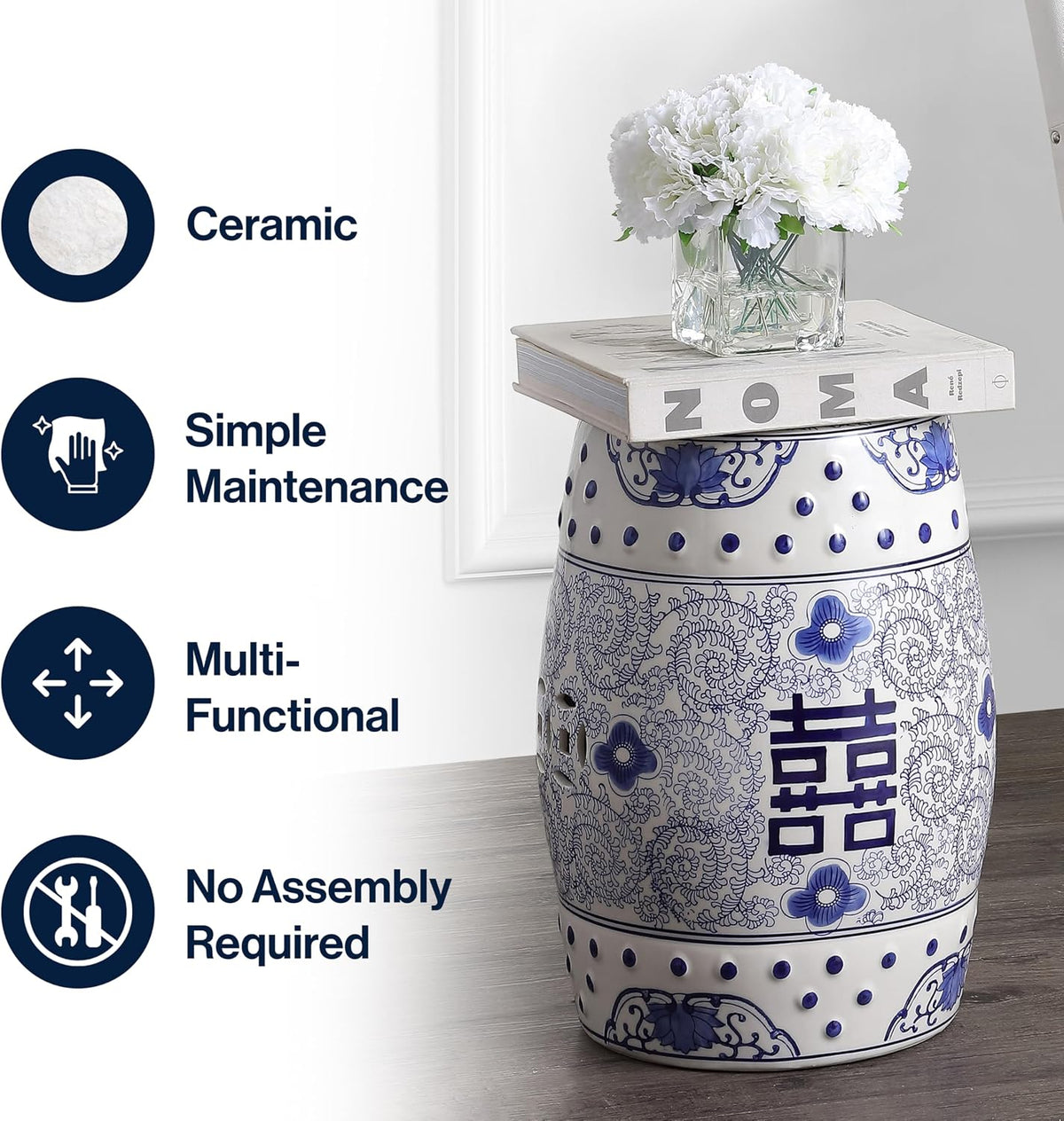 JONATHAN Y Double Happiness Ceramic Garden Stool 18" Table, Blue/White