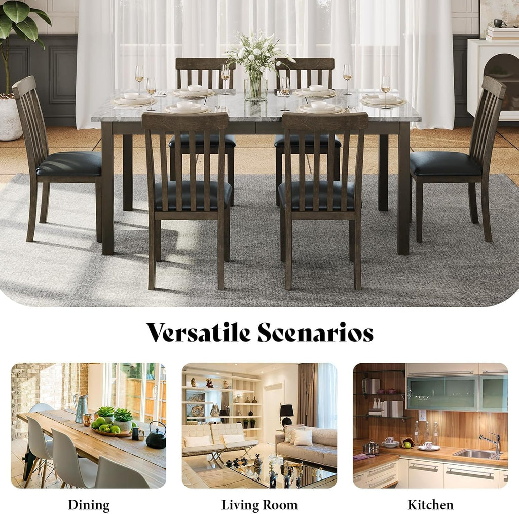 AMERLIFE 7-Piece Dining Table Set, 71" Faux Marble Modern Table, Dark Brown
