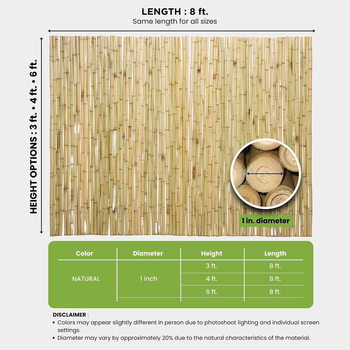 FOREVER BAMBOO Natural Bamboo Fencing Decorative Rolled Fence Panel 1 in D x 6 ft H x 8 ft L