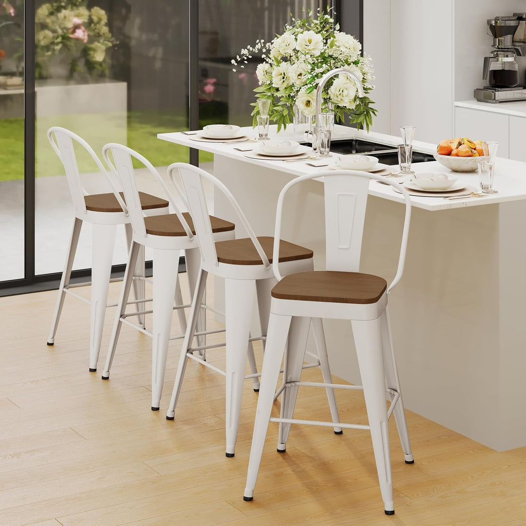 Andeworld Metal Bar Stools Set of 4,24" Counter Height with Backs,Off White