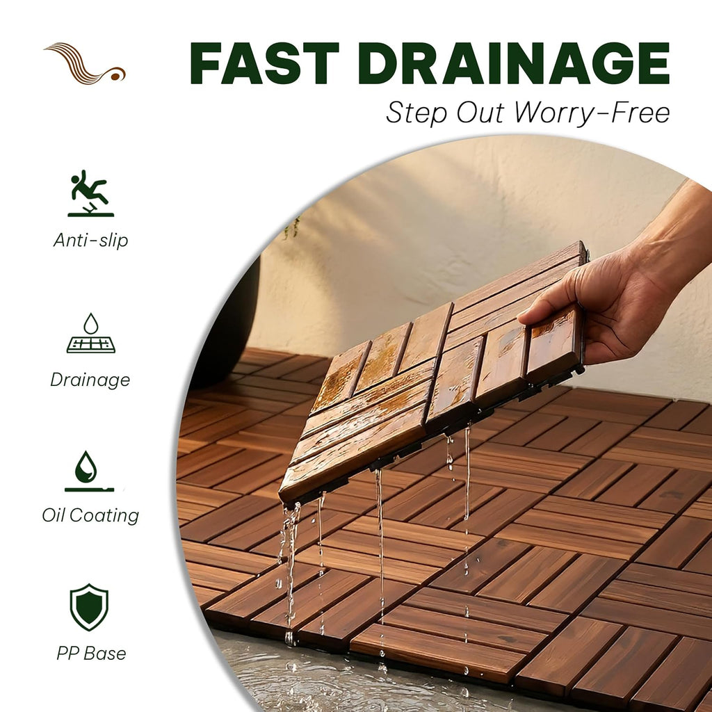 VICTORY RELAX Natural Acacia 12x12 Interlocking Wood Deck Tiles for Balcony, Garden, Patio, Poolside Decor - Waterproof Indoor & Outdoor Flooring - Square Joints (9, Walnut, 12 slats) (9 PCS)