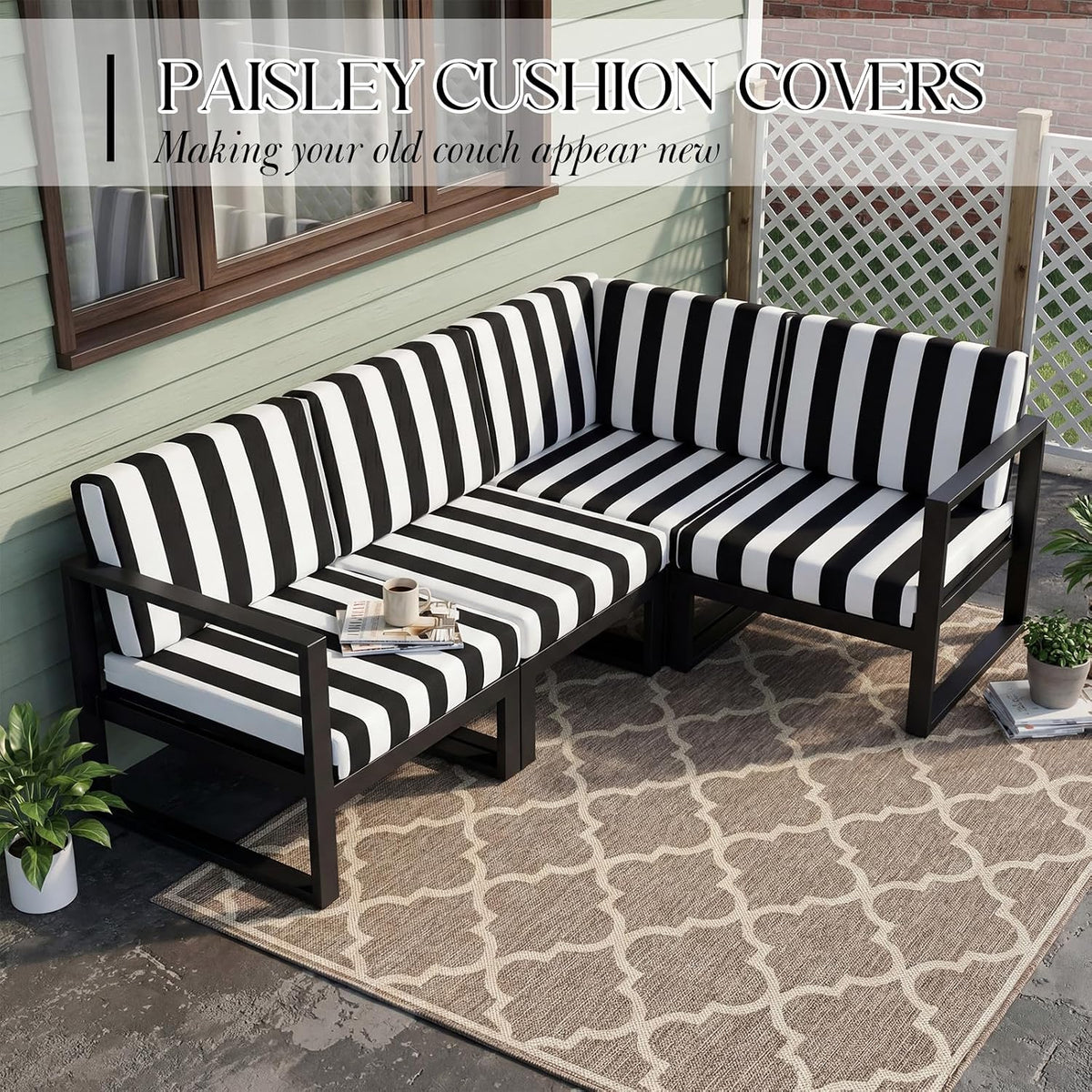 Newwiee 12 Pc Patio Stretch Cushion Covers,Black White,Stripes