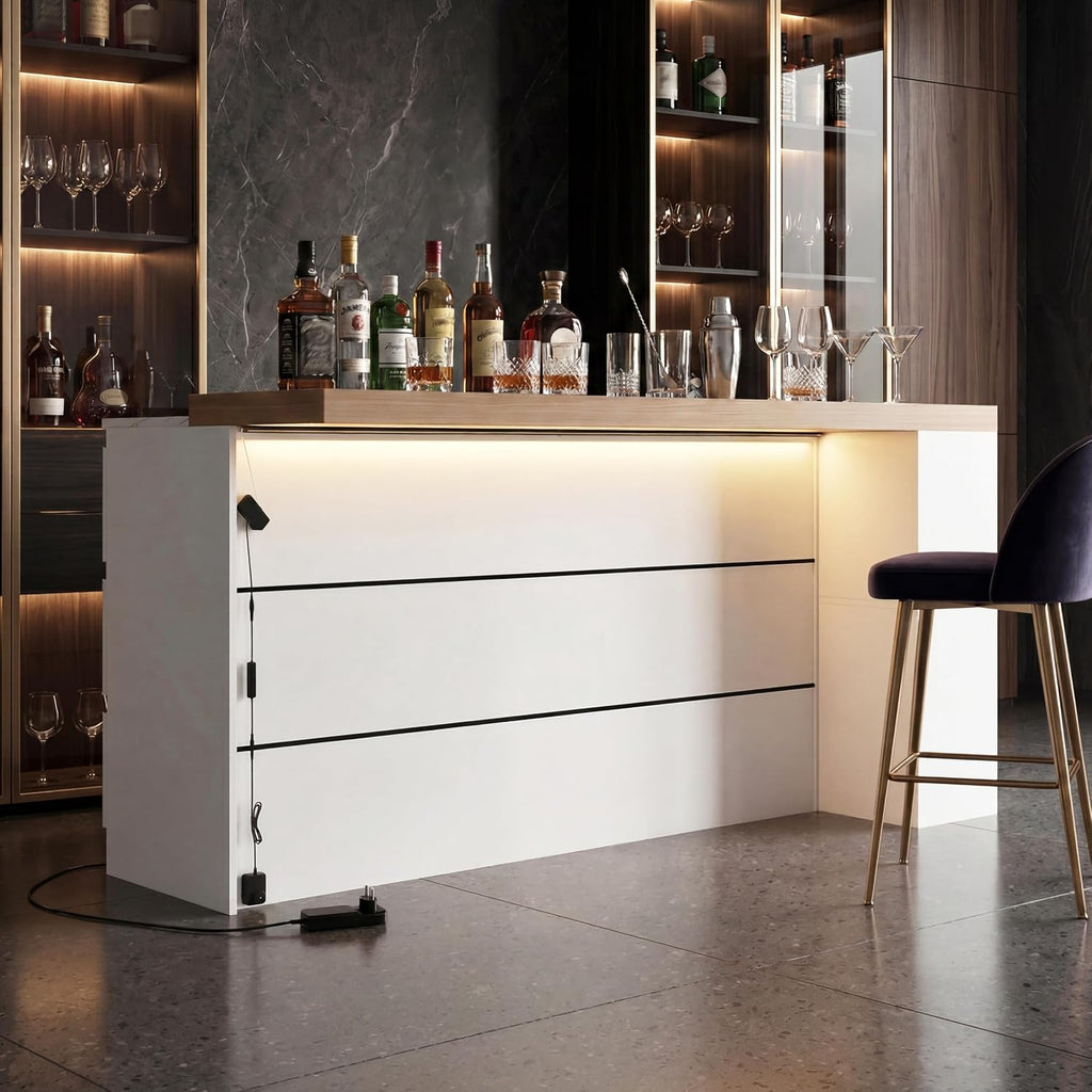 82.7" Large Bar Table Kitchen Station, Home Bar Unit with Lighting, 3 Drawers & 4 Shelves, Bar Cabinets Reception Desk for Home Pub Kitchen Storage, White