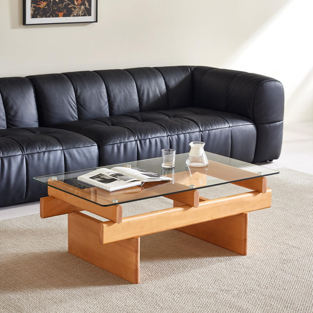 Finekoze Glass Coffee Table for Living Room,100% Solid Wood Coffee Table with Rectangular Tempered Glass Top,Mid Century Modern Coffee Table,Wood