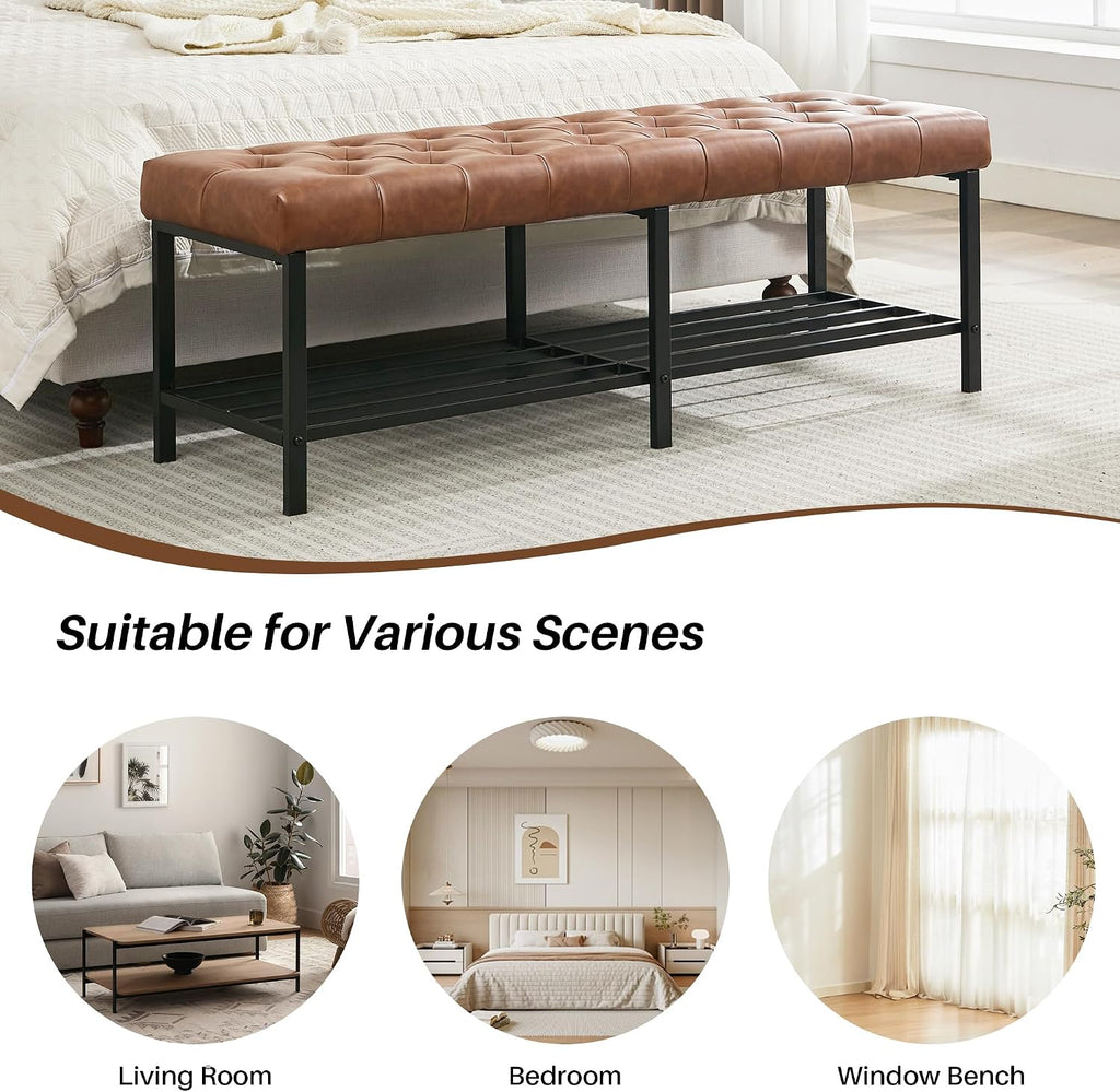 SOFTHION 55.5" End of Bed Bench, Faux Leather Entryway Bench, Brown