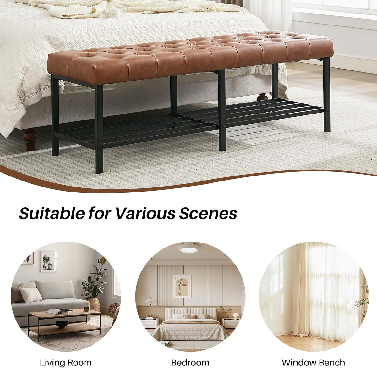 SOFTHION 55.5" End of Bed Bench, Faux Leather Entryway Bench, Brown