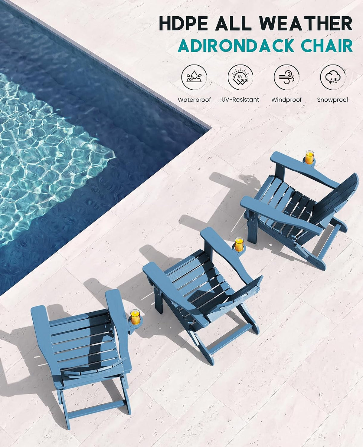SERWALL Folding Adjustable Adirondack Chair with Cup Holder, Blue