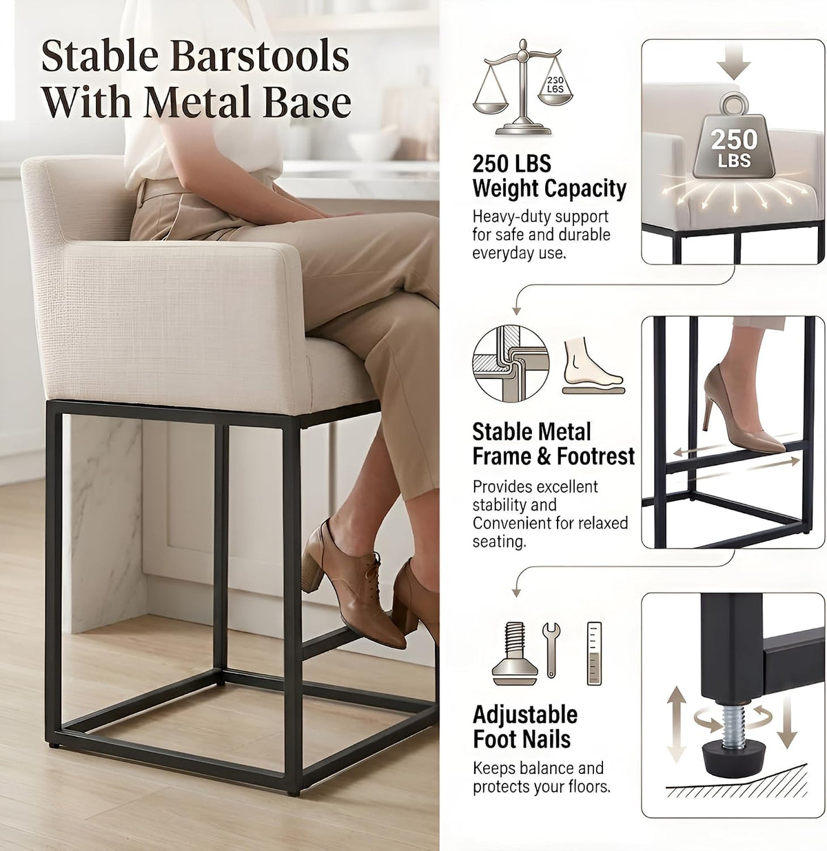 30 Inch Extra Tall Modern Counter Height Bar Stools Set of 4, Cream Linen