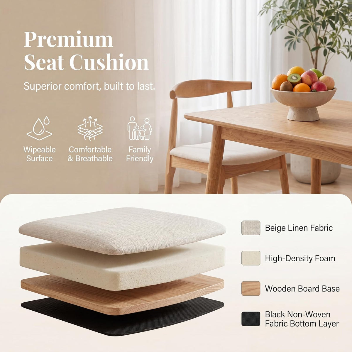 ROCITY Wood Dining Chairs Set of 4 Fabric Kitchen Chairs with Linen Cushion and Barrel Backs Mid Century Modern Dining Room Chairs Natural Wood