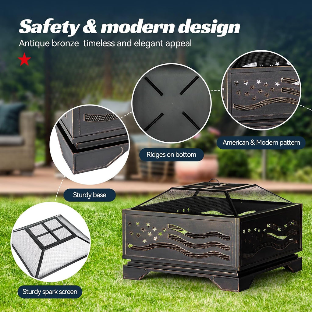 Verdeluxe Outdoor 32Inch Square-Shaped Fire Pit with Spark Screen