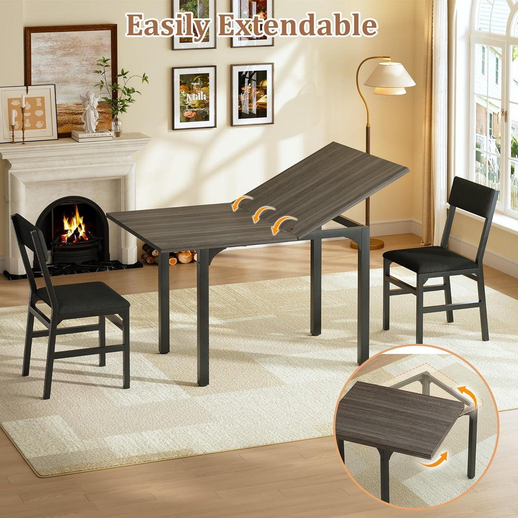 HUAHUU 5-Piece Dining Table Set for 4, Extendable Kitchen Table Set with 4 Upholstered Cushion Chairs, Rectangle Table with Metal Frame & MDF Board, Folding Space-Saving for Small Apartment, Gray