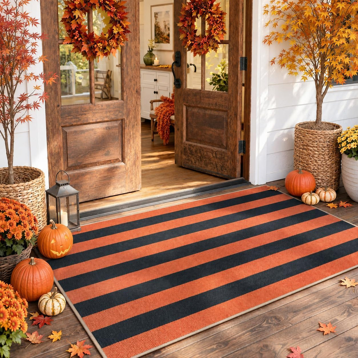 Lahome Striped Fall Outdoor Rug, 3x5 Washable Porch Decor Rug, Orange Black