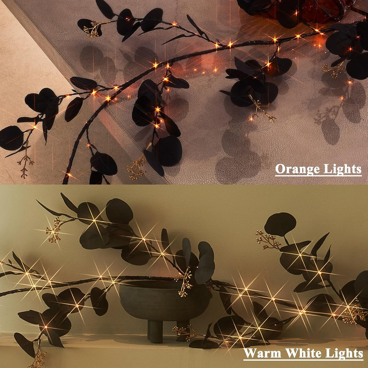 Hairui Lighted Black Eucalyptus Garland with Timer 96 LED Orange and Warm White Fairy Lights,Halloween Garland with Lights 6FT Battery Operated with 10 Functions for Fireplace Halloween Decoration