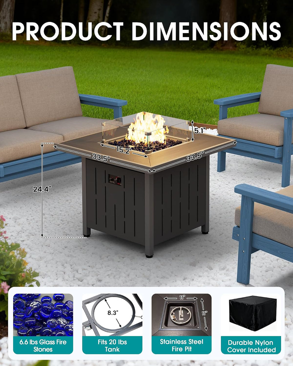 SERWALL 33" Square Outdoor Fire Pit Table with Lid, Black