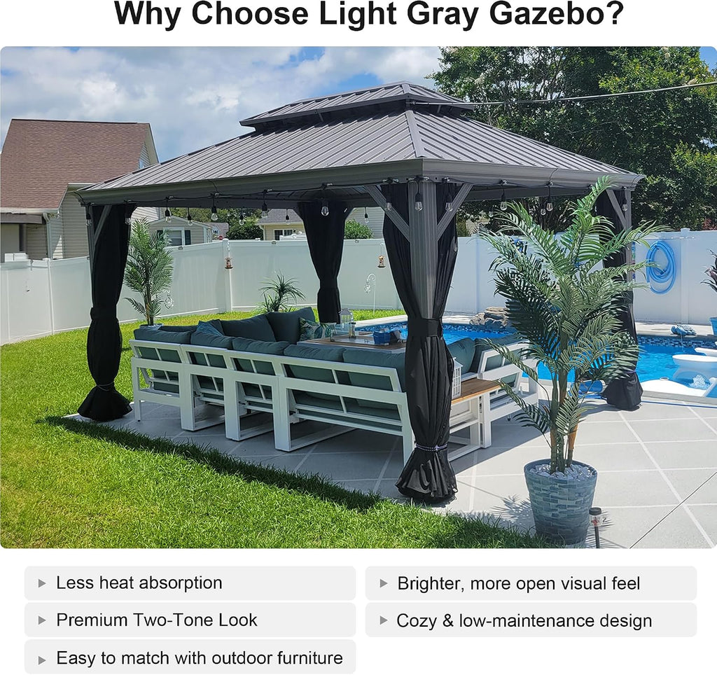 PURPLE LEAF Outdoor Gazebo 10' x 14' w/Lights & 4.7" Thick Post for Patio