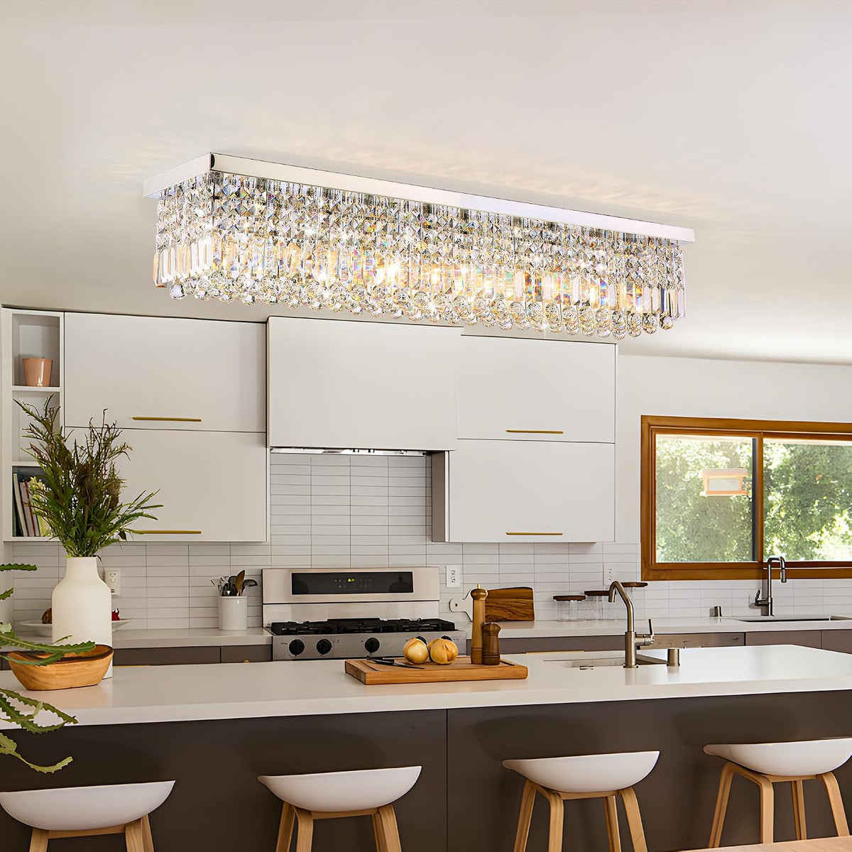 12-Lights Crystal Chandeliers Modern Crystal Rectangular Flush Mount Chandelier with Raindrop Crystals Pendant Light Fixture for Dining Dining Room Kitchen Dining Room Bedroom Bathroom Hotel