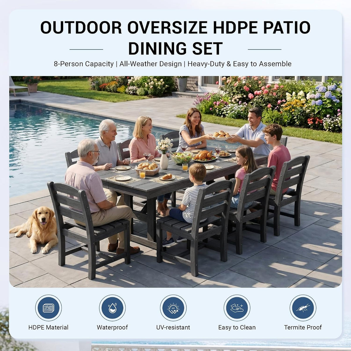 KINGYES Outdoor Dining Set,84'' Table w/Umbrella Hole & Armless Chairs,Grey