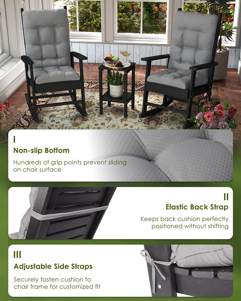 GREENVINES Outdoor Rocking Chair Cushions Set of 2, Polyester, Grey