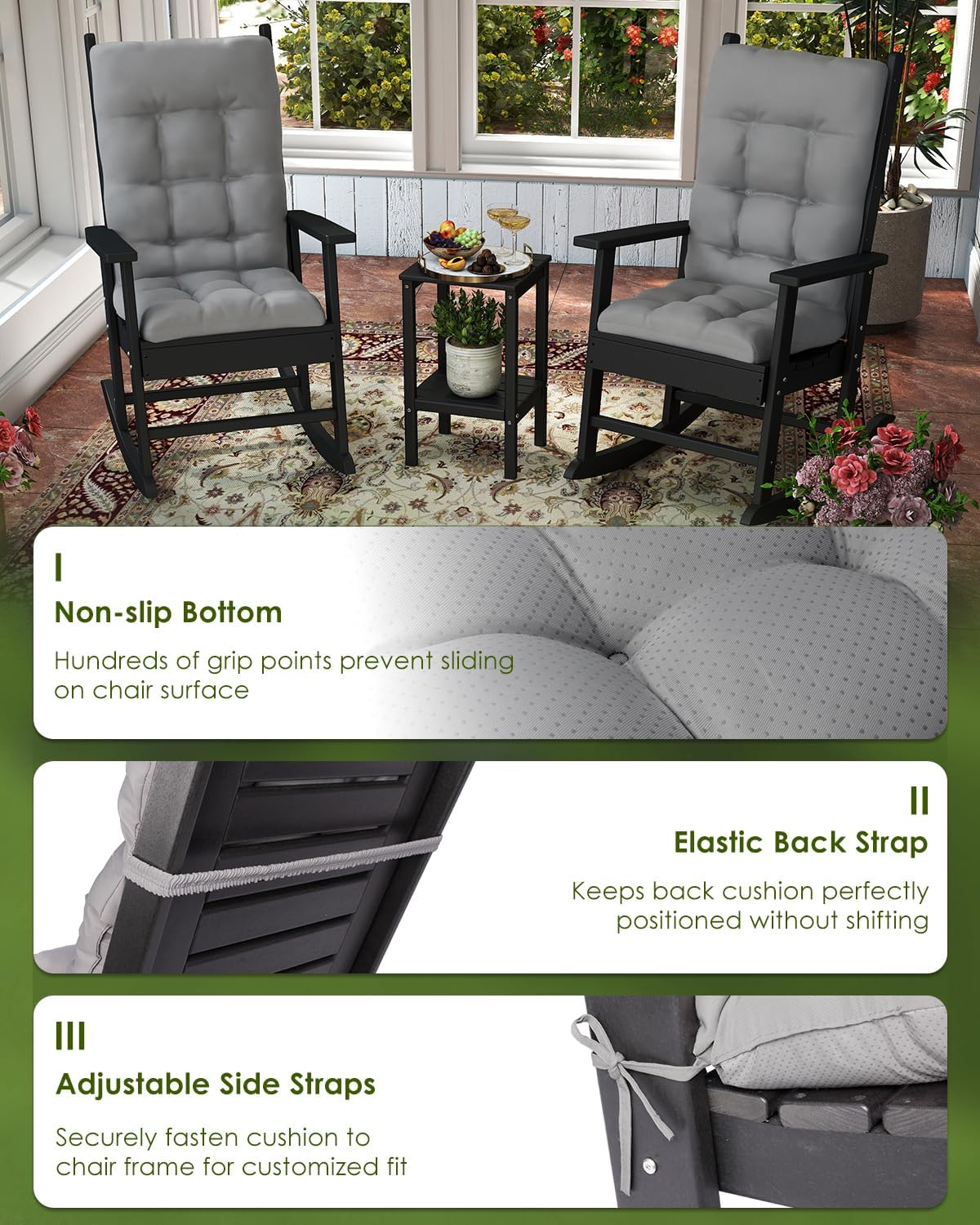 GREENVINES Outdoor Rocking Chair Cushions Set of 2, Polyester, Grey