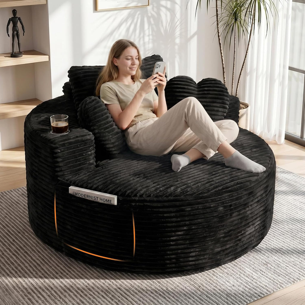 56''Oversized Round Chair Lounge Chaise Indoor with Cup Holders & Side Pocket, Corduroy Cloud Circle Single Boneless Deep Seat Chair, Modern Comfy Floor Sofa with Heart Pillows for Living Room,Bedroom
