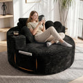56''Oversized Round Chair Lounge Chaise Indoor with Cup Holders & Side Pocket, Corduroy Cloud Circle Single Boneless Deep Seat Chair, Modern Comfy Floor Sofa with Heart Pillows for Living Room,Bedroom