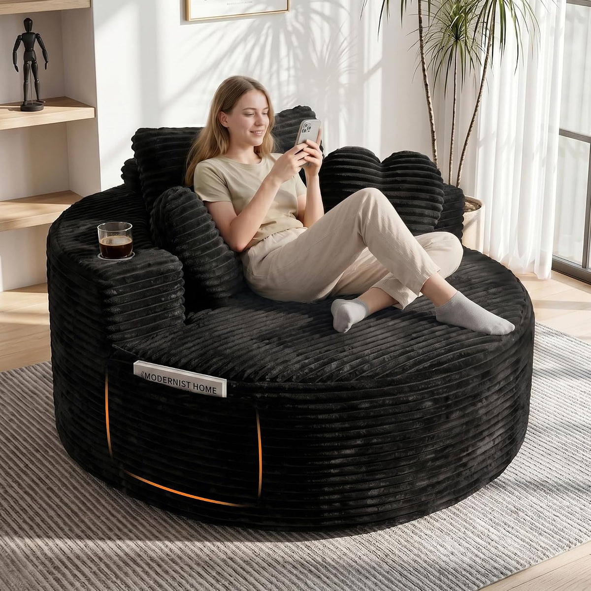 56''Oversized Round Chair Lounge Chaise Indoor with Cup Holders & Side Pocket, Corduroy Cloud Circle Single Boneless Deep Seat Chair, Modern Comfy Floor Sofa with Heart Pillows for Living Room,Bedroom