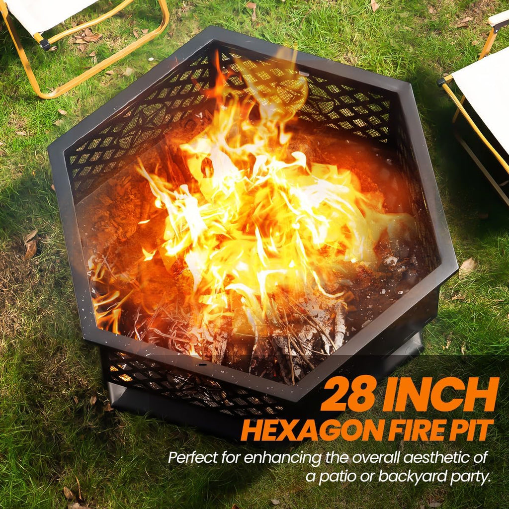 Panovue Outdoor 28 Inch Hex-Shaped Fire Pit with Spark Screen Black