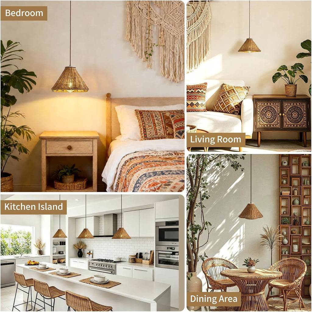 boho rattan pendant light, 11.8" hand woven hanging, package contents