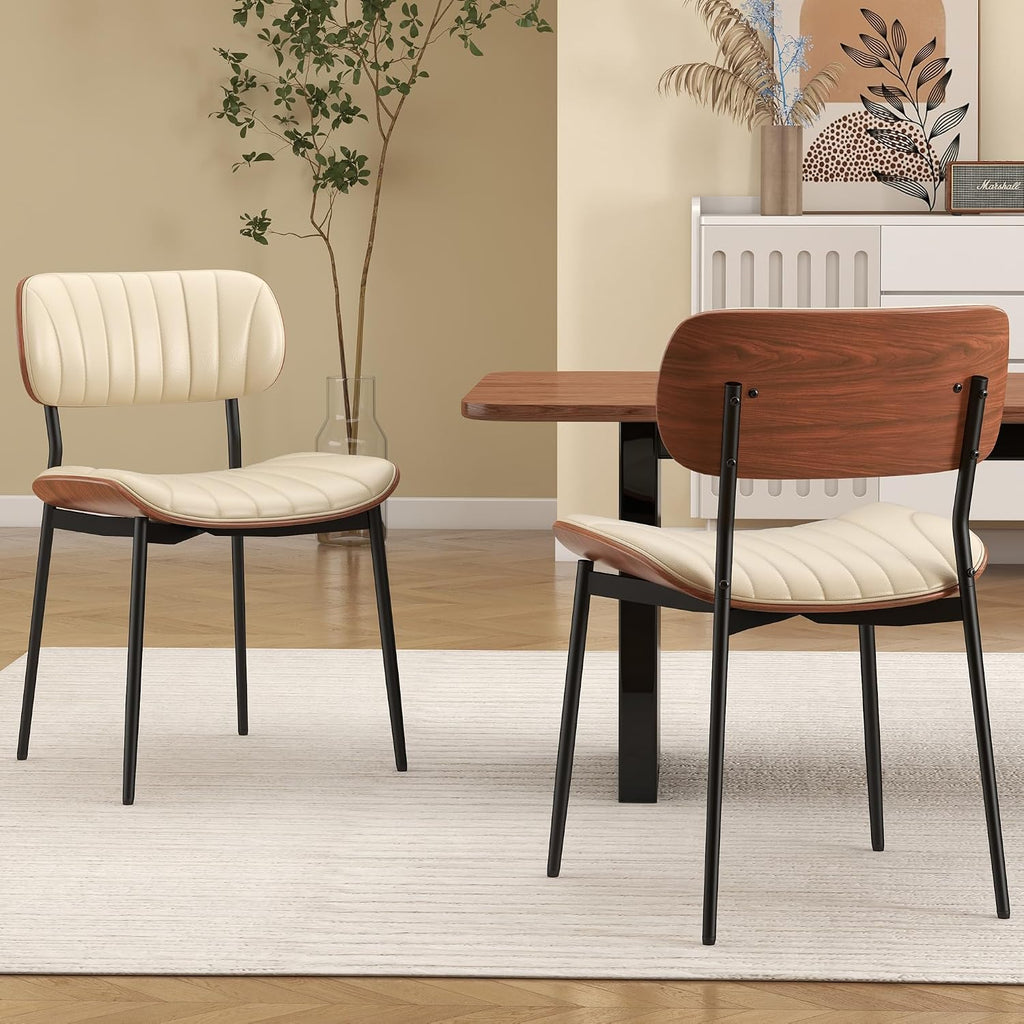 Modern Dining Chairs Set of 2,Upholstered PU Leather Kitchen Chairs,Beige