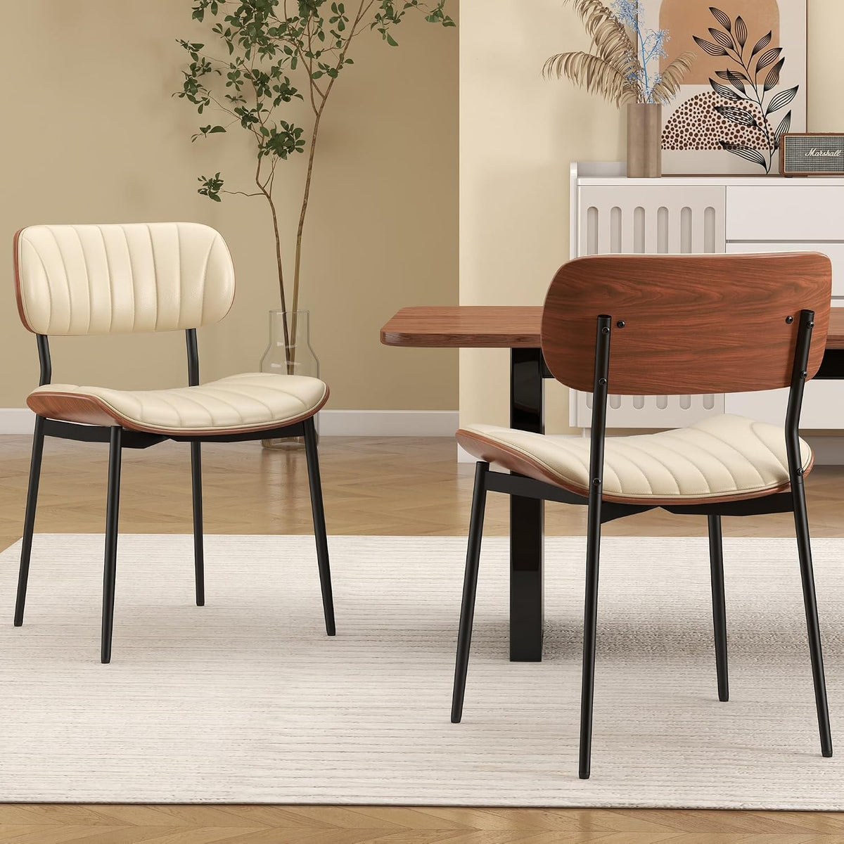 Modern Dining Chairs Set of 2,Upholstered PU Leather Kitchen Chairs,Beige