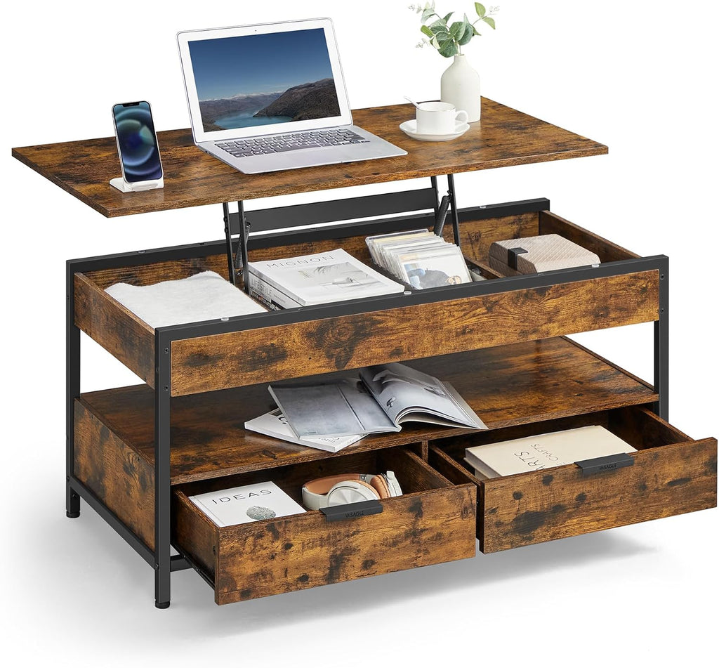 VASAGLE Lift Top Coffee Table with Storage Drawers, Hidden Compartments