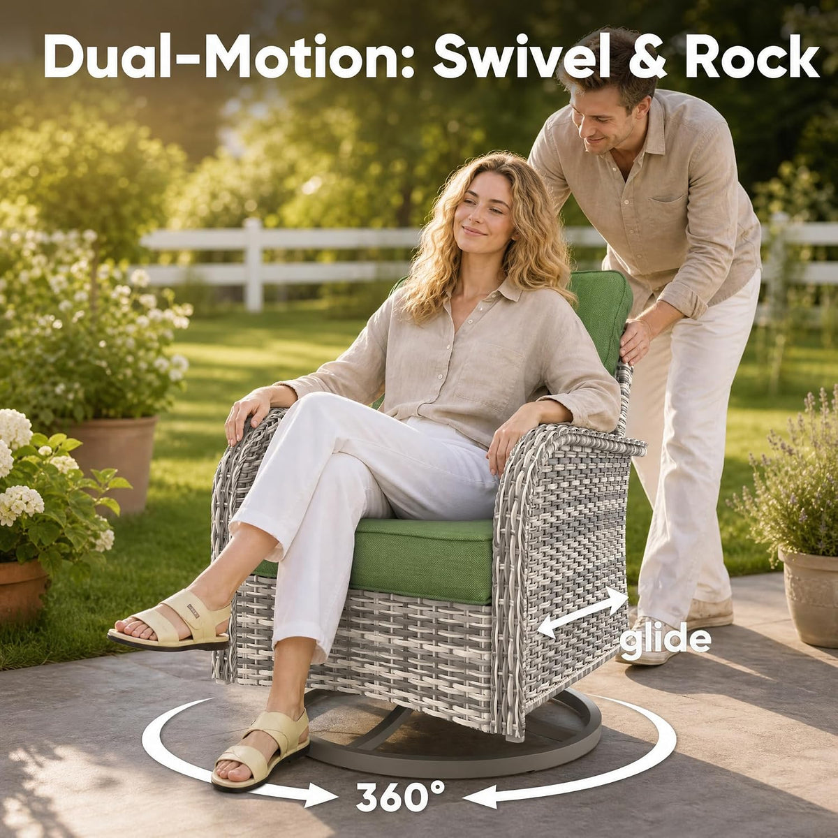9-Piece Small Patio Furniture Set, Outdoor Swivel Rocking Chairs Set with 55,000 BTU Fire Pit Table Wicker Chairs and Ottomans, Patio Bistro Set for Balcony, Deck, Porch, Grass Green