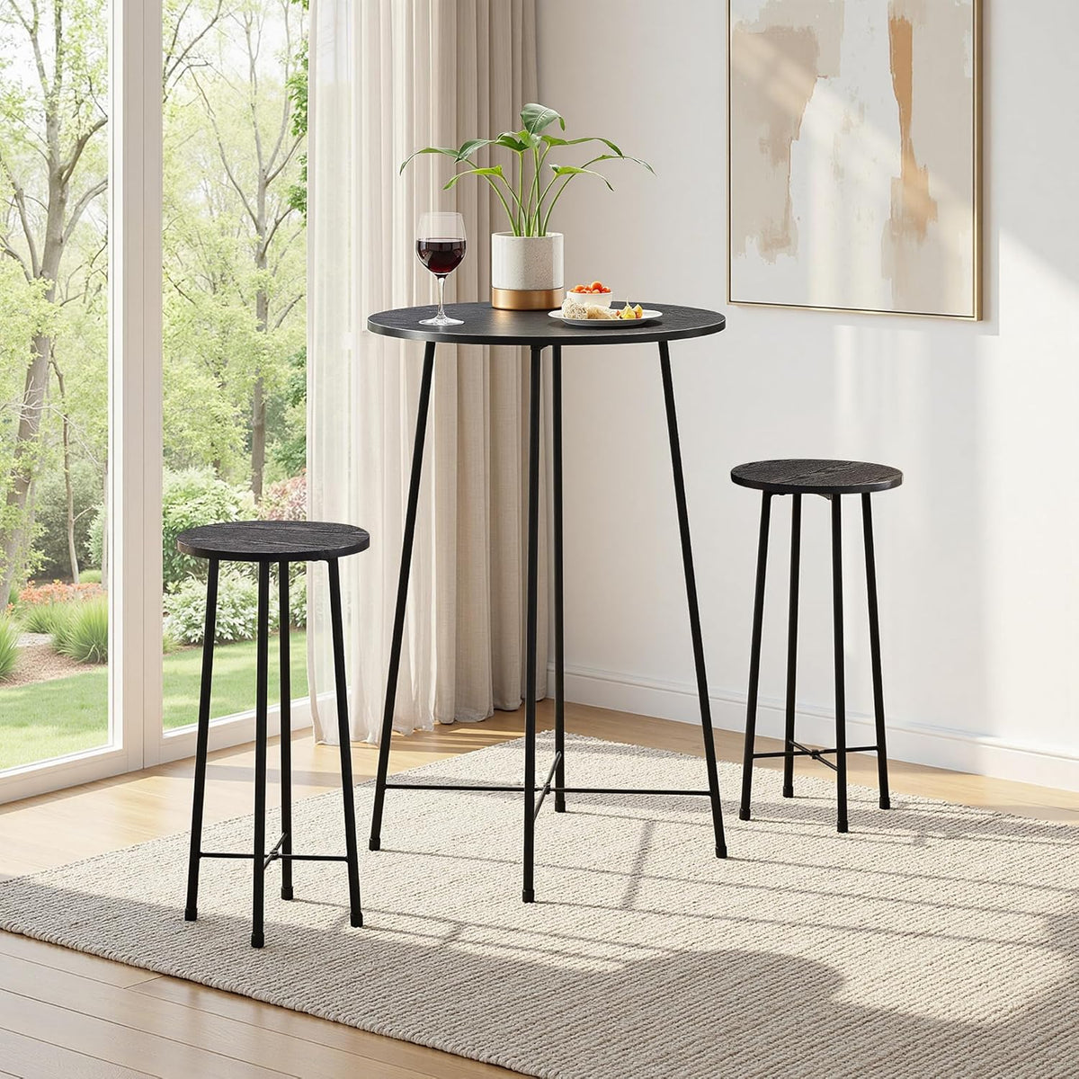 VECELO 3 Piece Pub Table and Chairs Sets Counter Height Bistro Bar Sets with 2 Barstools for Kitchen Breakfast Nook, Small Space, Apartment, Breakfast Dinner Restaurant, Black